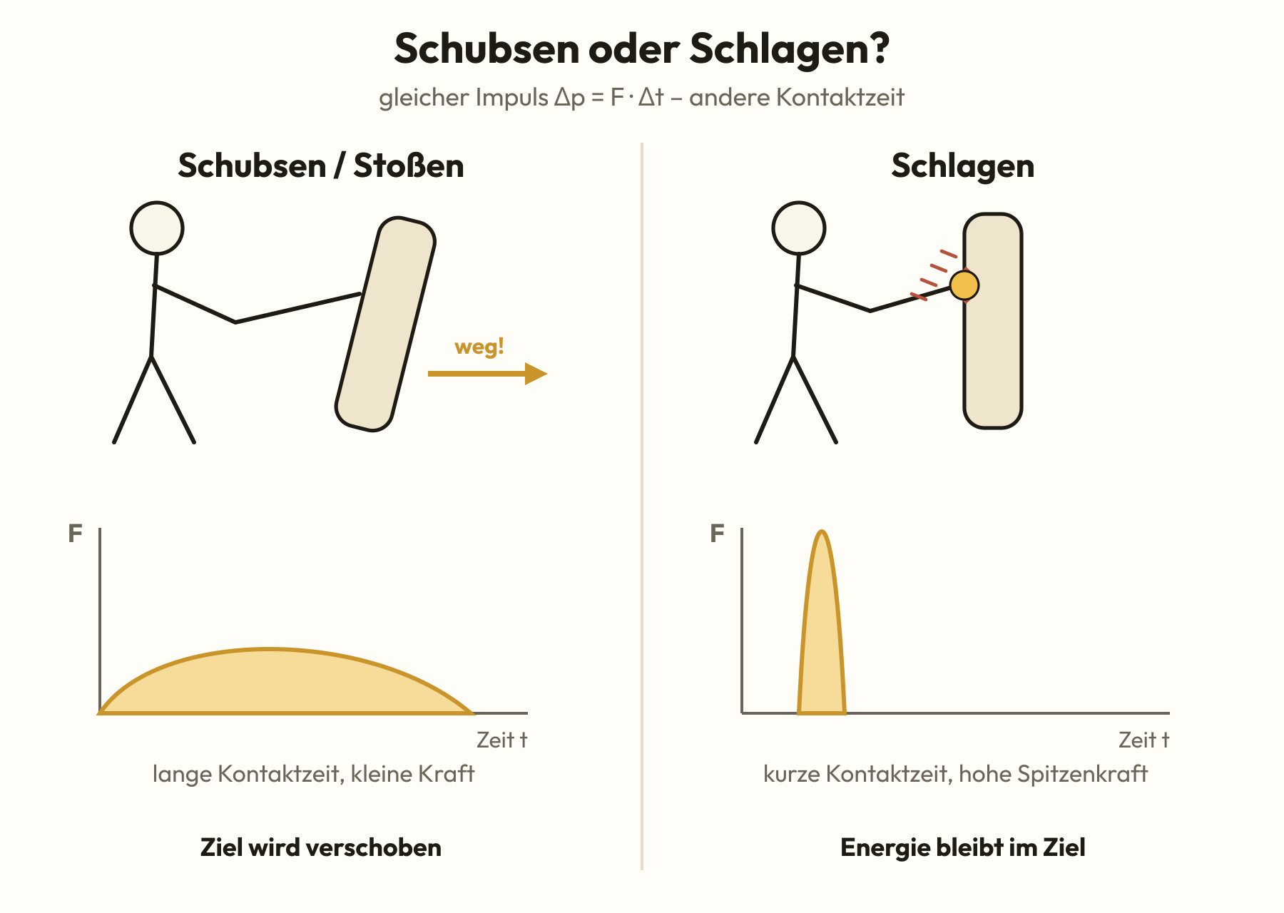 Skizze: Links schubst eine Strichfigur ein Ziel weg, darunter eine flache, breite Kraft-Zeit-Kurve (lange Kontaktzeit, kleine Kraft). Rechts trifft ein Schlag das Ziel, darunter eine schmale, hohe Kurve (kurze Kontaktzeit, hohe Spitzenkraft).