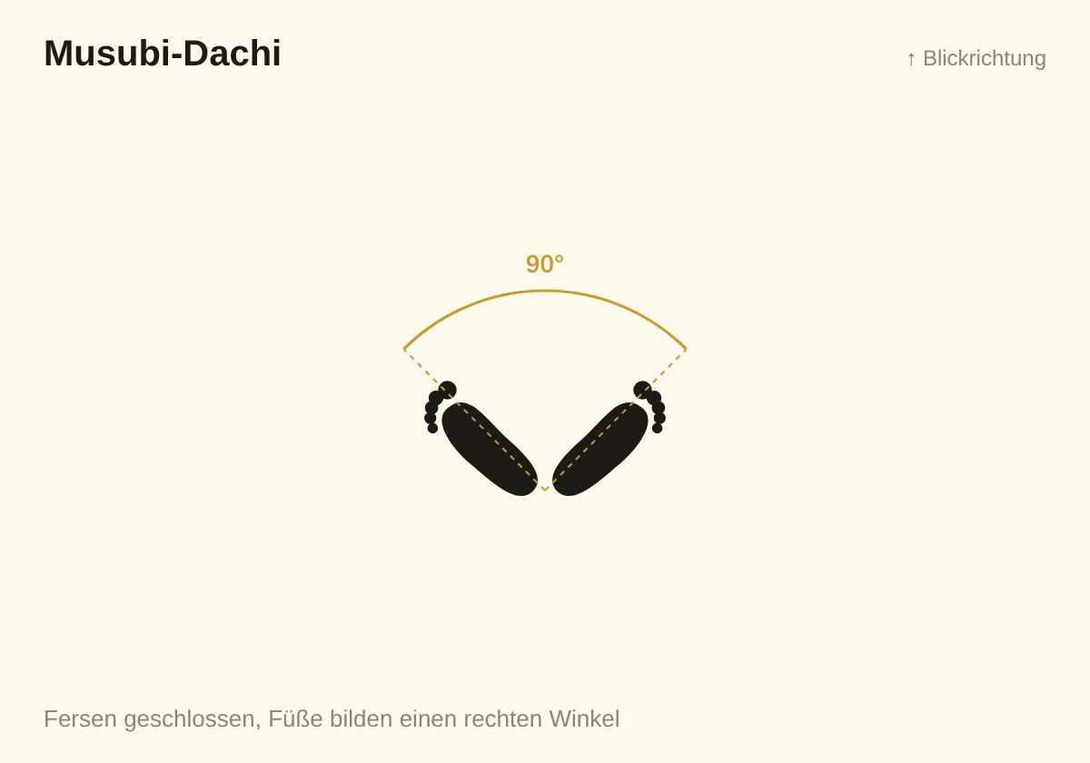 Skizze Musubi-Dachi: Fersen geschlossen, Fußspitzen im rechten Winkel geöffnet
