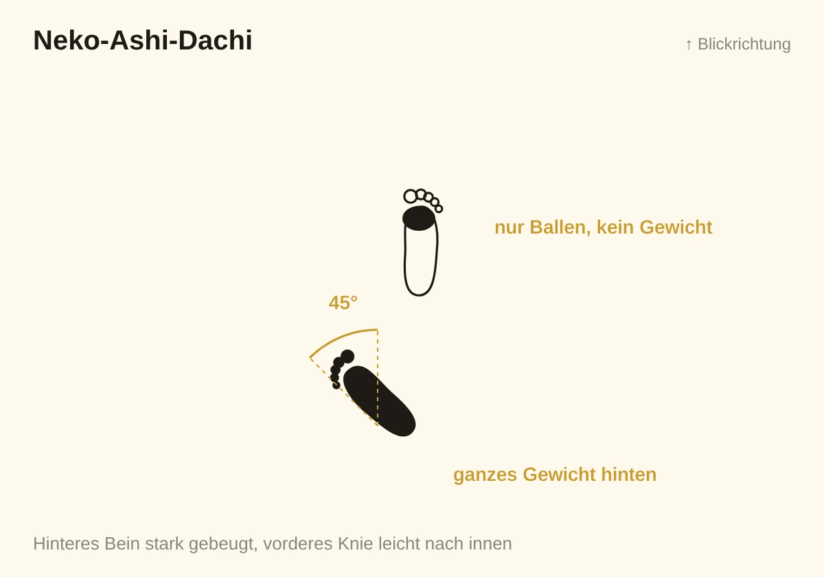 Skizze Neko-Ashi-Dachi: hinterer Fuß 45° auswärts trägt das Gewicht, vorderer Fuß nur mit dem Ballen am Boden