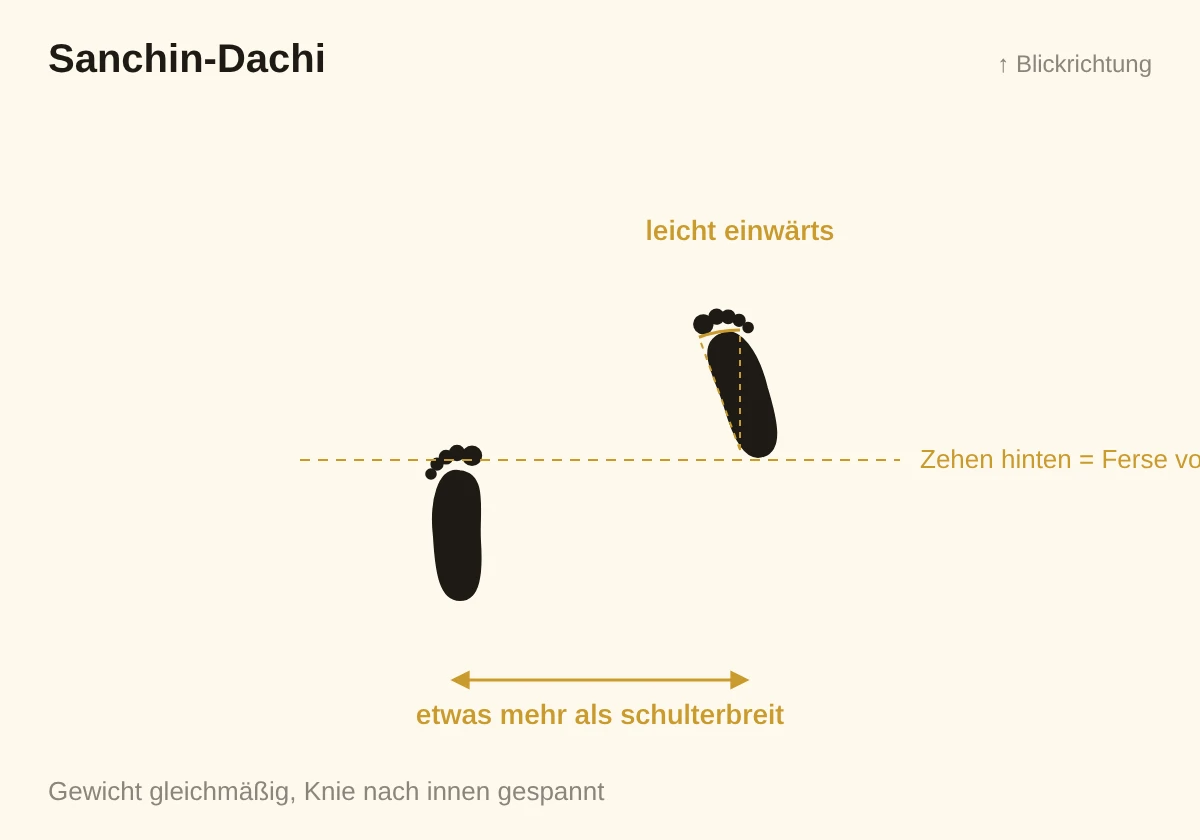 Skizze Sanchin-Dachi: Füße etwas mehr als schulterbreit, eine Fußlänge versetzt, vorderer Fuß leicht einwärts