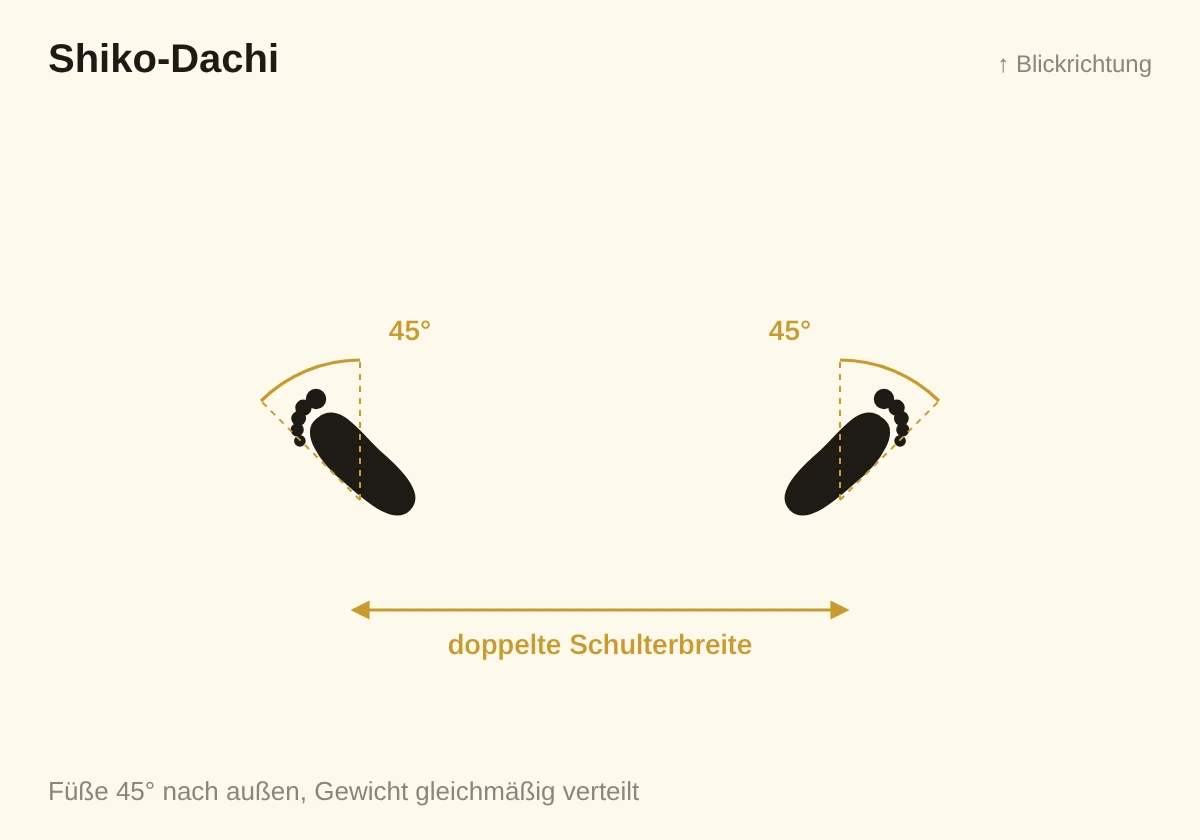 Skizze Shiko-Dachi: Füße in doppelter Schulterbreite, je 45° nach außen gedreht