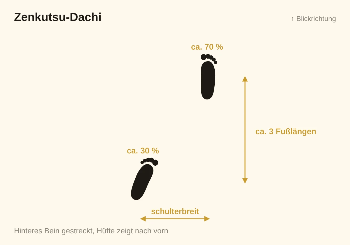 Skizze Zenkutsu-Dachi: vorderer Fuß etwa drei Fußlängen vor dem hinteren, ca. 70 % Gewicht vorn
